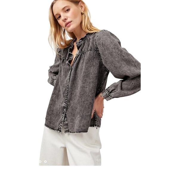 Rails Camille Acid Wash Jean puff sleeve blouse XS - Picture 5 of 13